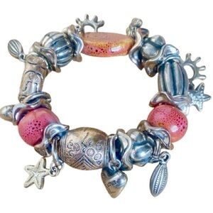 Chunky Silvertone & Coral Pink Stones Charm Bracelet NWOT
